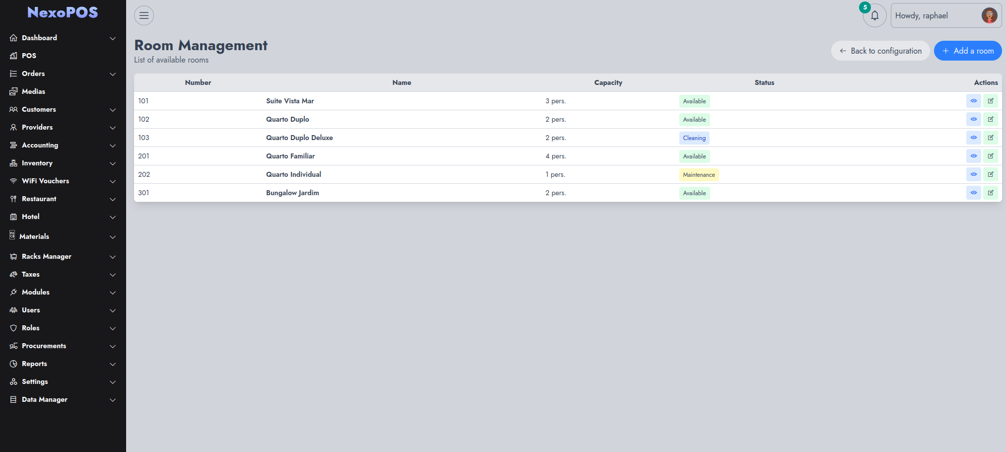 Gestion des chambres dans NexoPOS